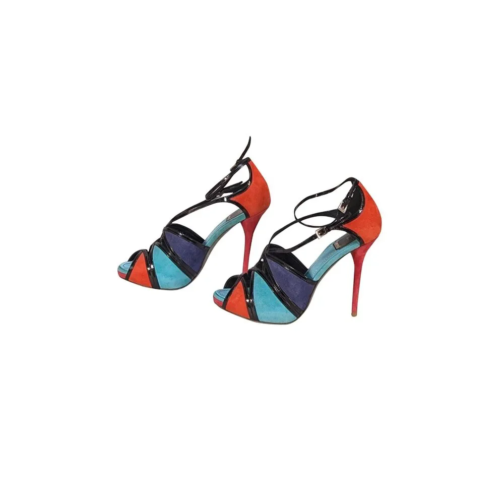 Christian Dior - Teal, Blue, Red, & Black Portofino Color Block Sandal Heel Sz 9 - Picture 3 of 5